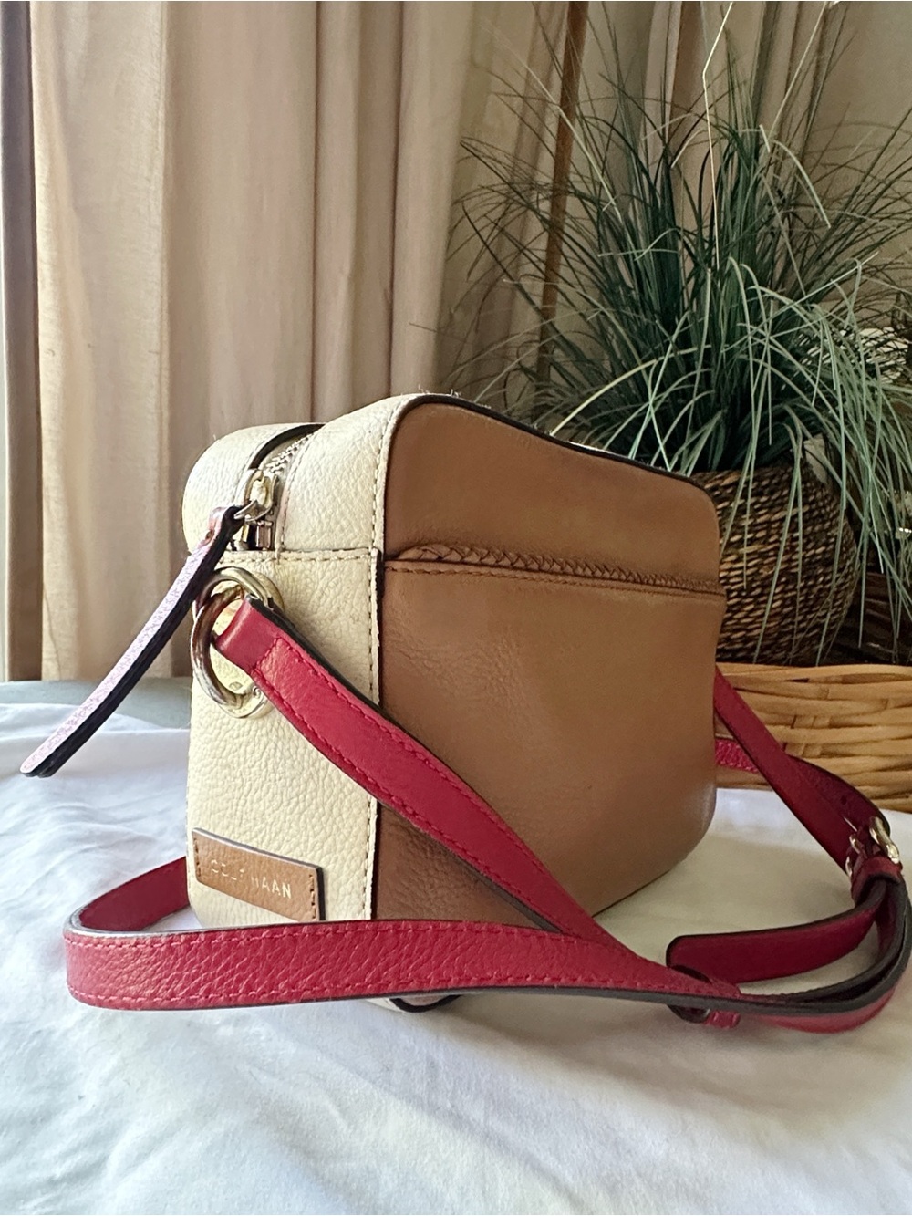 Cole Haan Benson Camera Bag- Light Brown Camel Cream and Red Leather